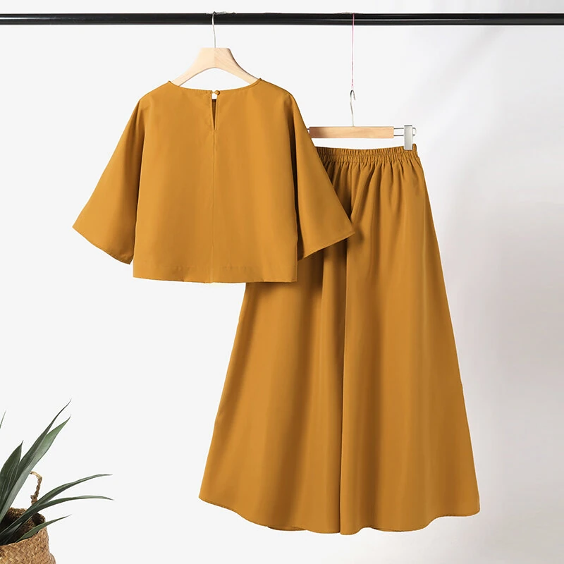 (image for)  Korean Style Womens Elegant Sets Short Sleeve Blouse Top Wide Leg Loose Trousers Casual Suit