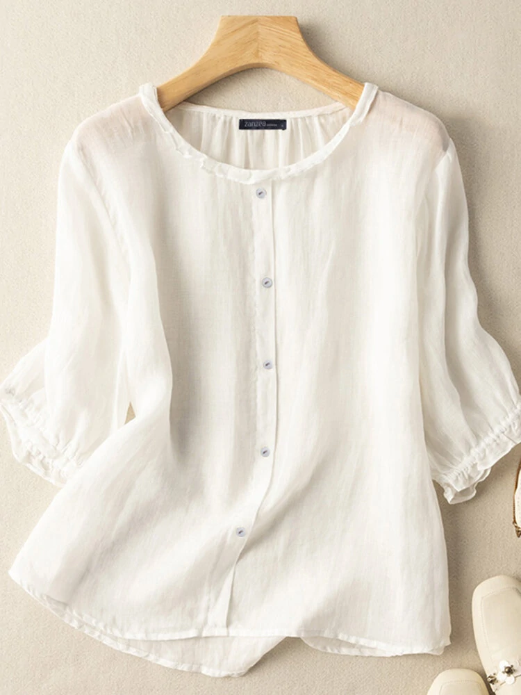 (image for)  Lettuce Edge Crew Neck Solid Button 3/4 Sleeve Blouse