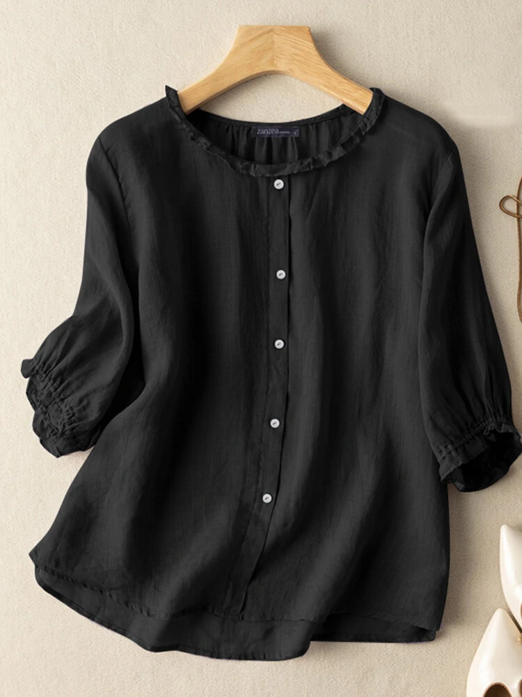 (image for)  Lettuce Edge Crew Neck Solid Button 3/4 Sleeve Blouse