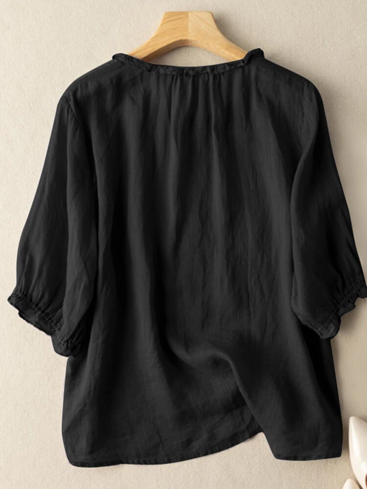 (image for)  Lettuce Edge Crew Neck Solid Button 3/4 Sleeve Blouse