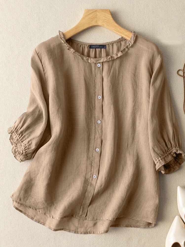 (image for)  Lettuce Edge Crew Neck Solid Button 3/4 Sleeve Blouse