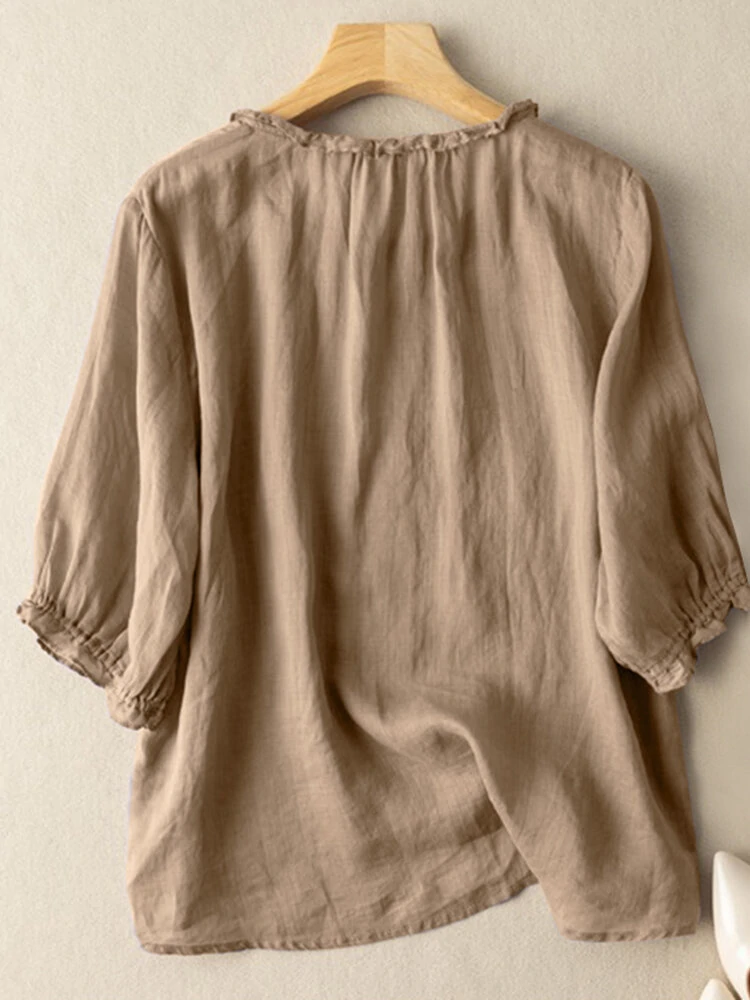 (image for)  Lettuce Edge Crew Neck Solid Button 3/4 Sleeve Blouse