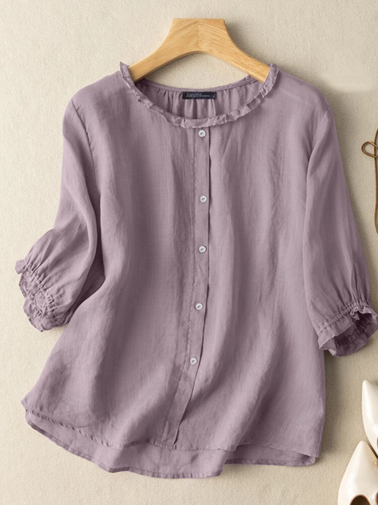 (image for)  Lettuce Edge Crew Neck Solid Button 3/4 Sleeve Blouse