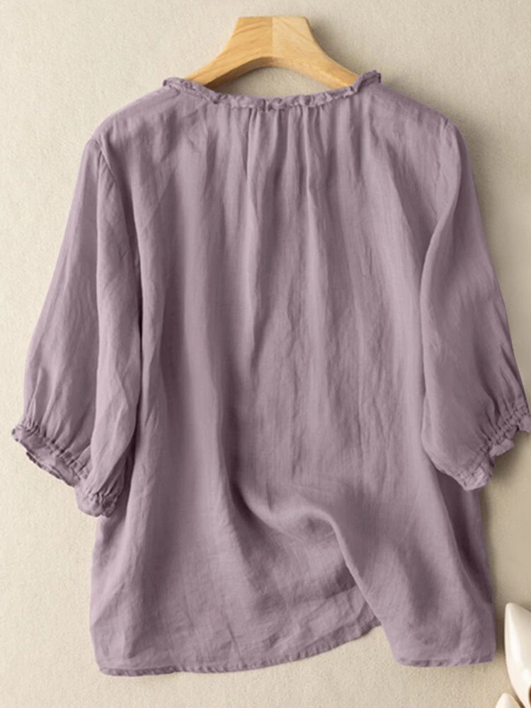 (image for)  Lettuce Edge Crew Neck Solid Button 3/4 Sleeve Blouse