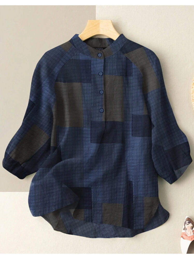 (image for)  Plus Size Loose Fit Check Print Button Stand Collar 3/4 Sleeve Cotton Linen Women Blouse