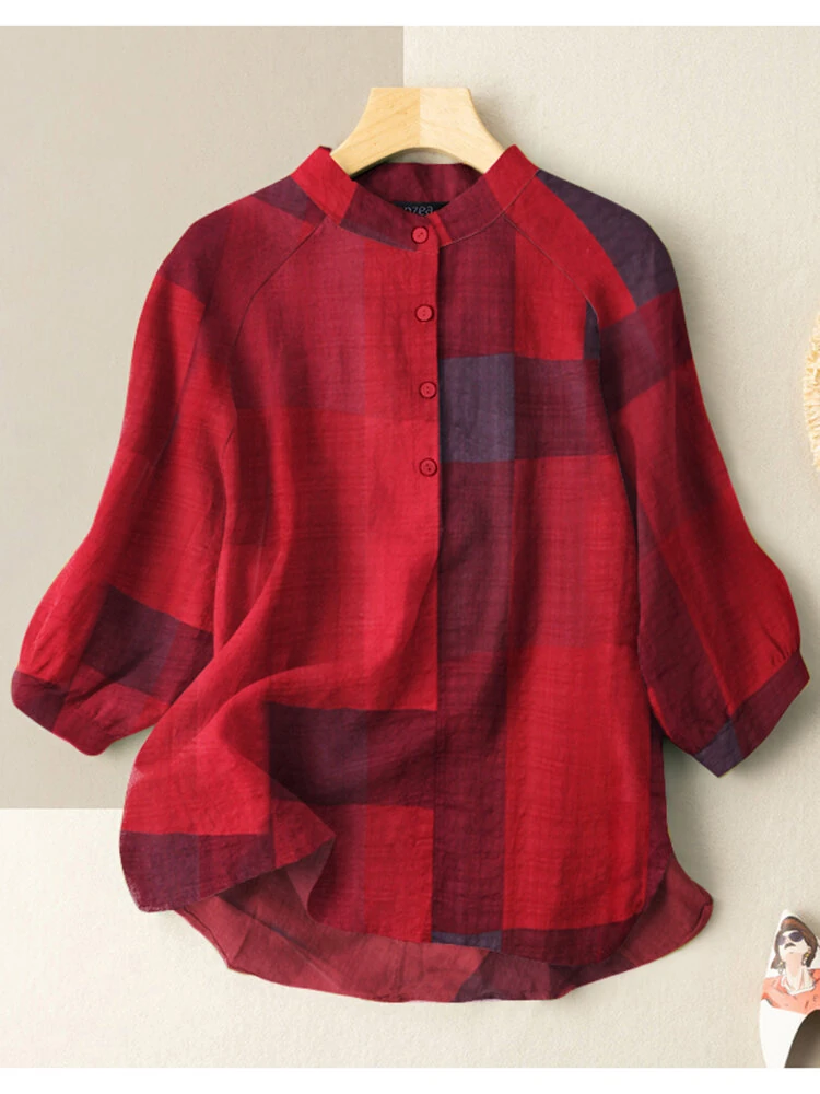 (image for)  Plus Size Loose Fit Check Print Button Stand Collar 3/4 Sleeve Cotton Linen Women Blouse
