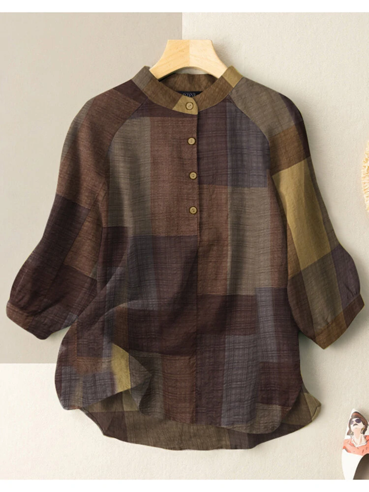 (image for)  Plus Size Loose Fit Check Print Button Stand Collar 3/4 Sleeve Cotton Linen Women Blouse