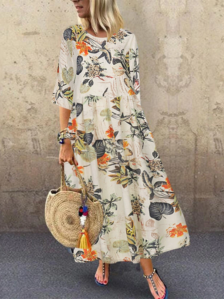 (image for)  Plus Size Women Beach Long Dress Retro Floral Printed Round Neck Three Quarter Sleeve Pleated Beach Maxi Dresses