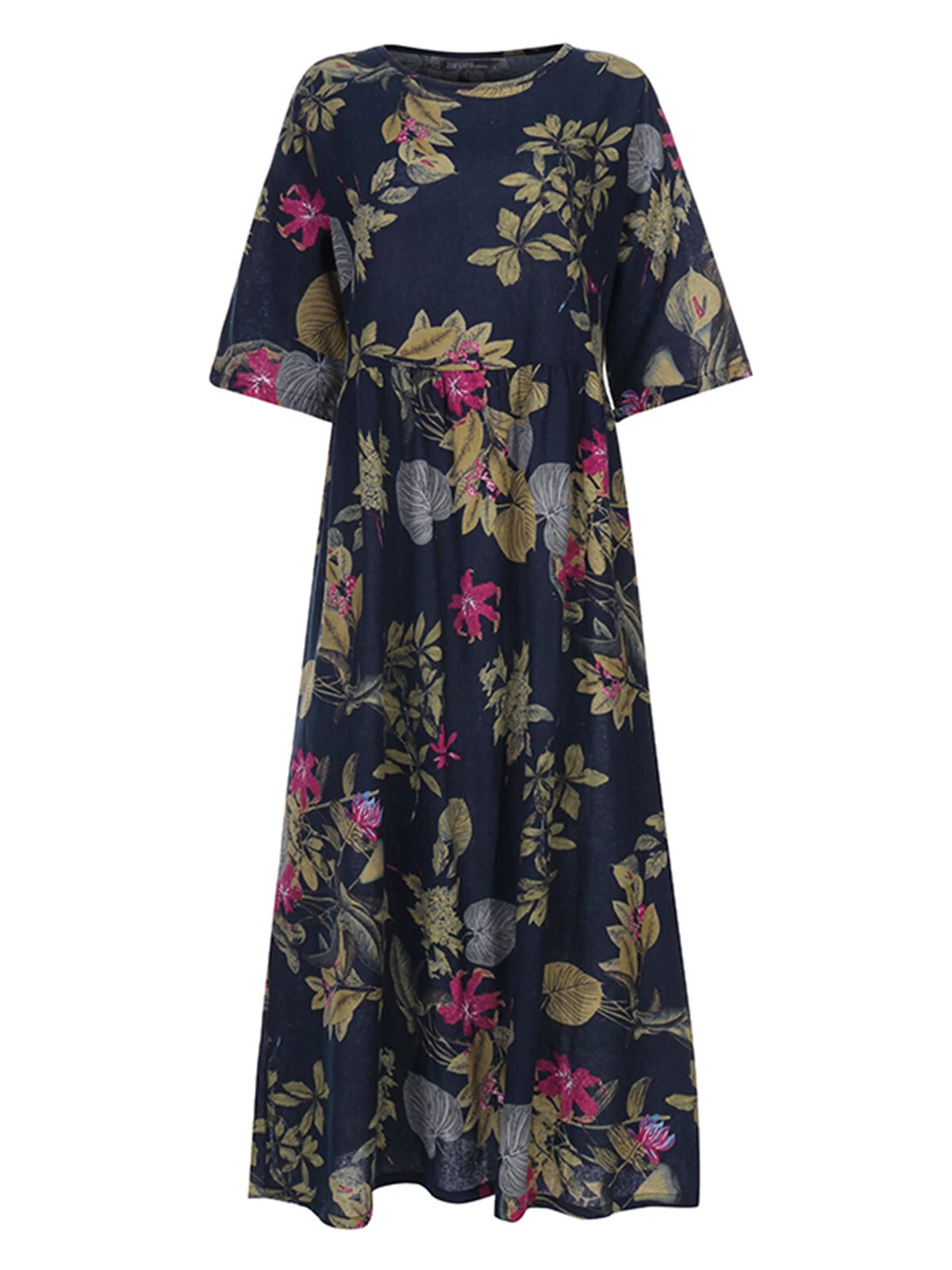 (image for)  Plus Size Women Beach Long Dress Retro Floral Printed Round Neck Three Quarter Sleeve Pleated Beach Maxi Dresses