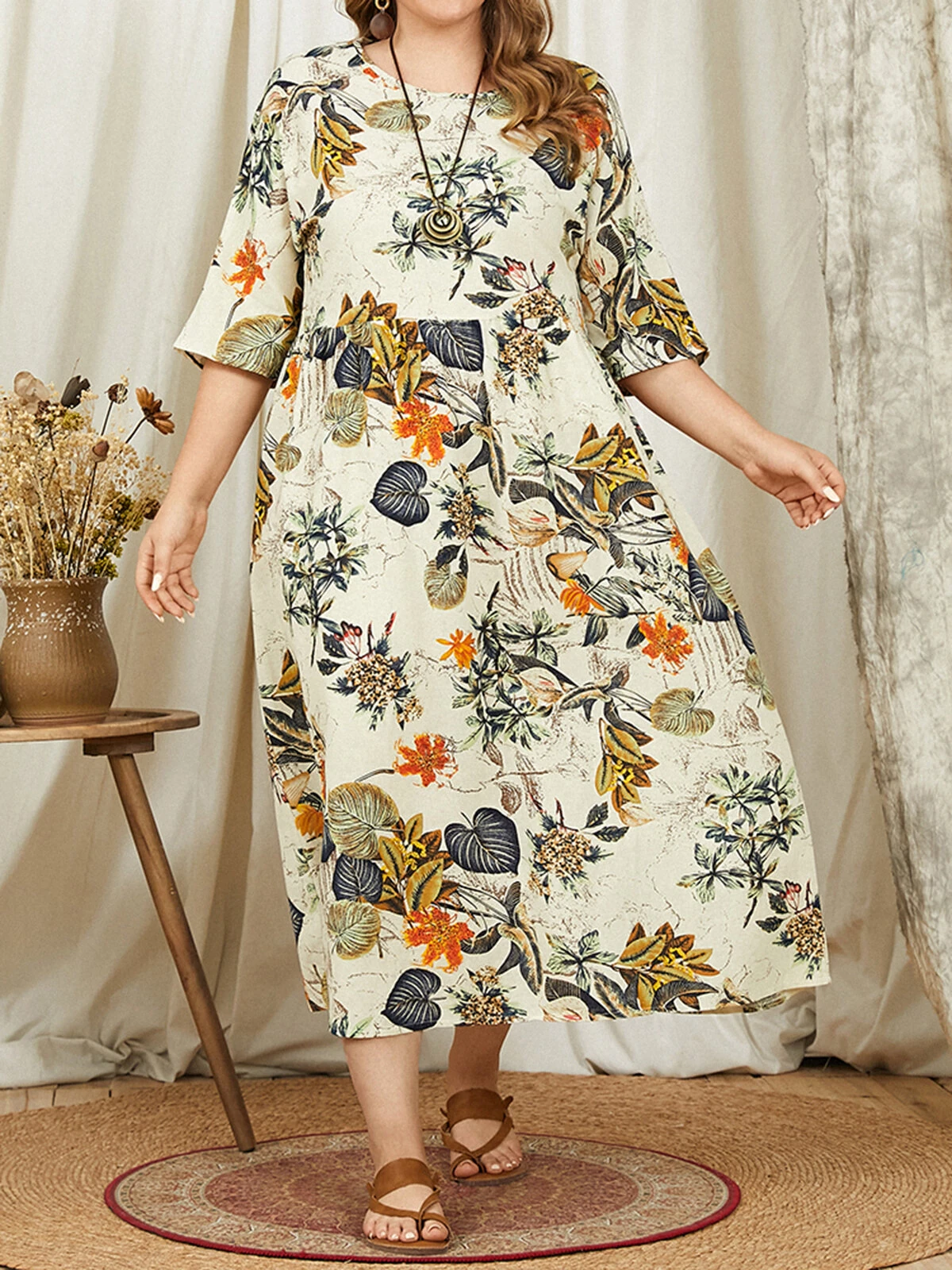 (image for)  Plus Size Women Beach Long Dress Retro Floral Printed Round Neck Three Quarter Sleeve Pleated Beach Maxi Dresses