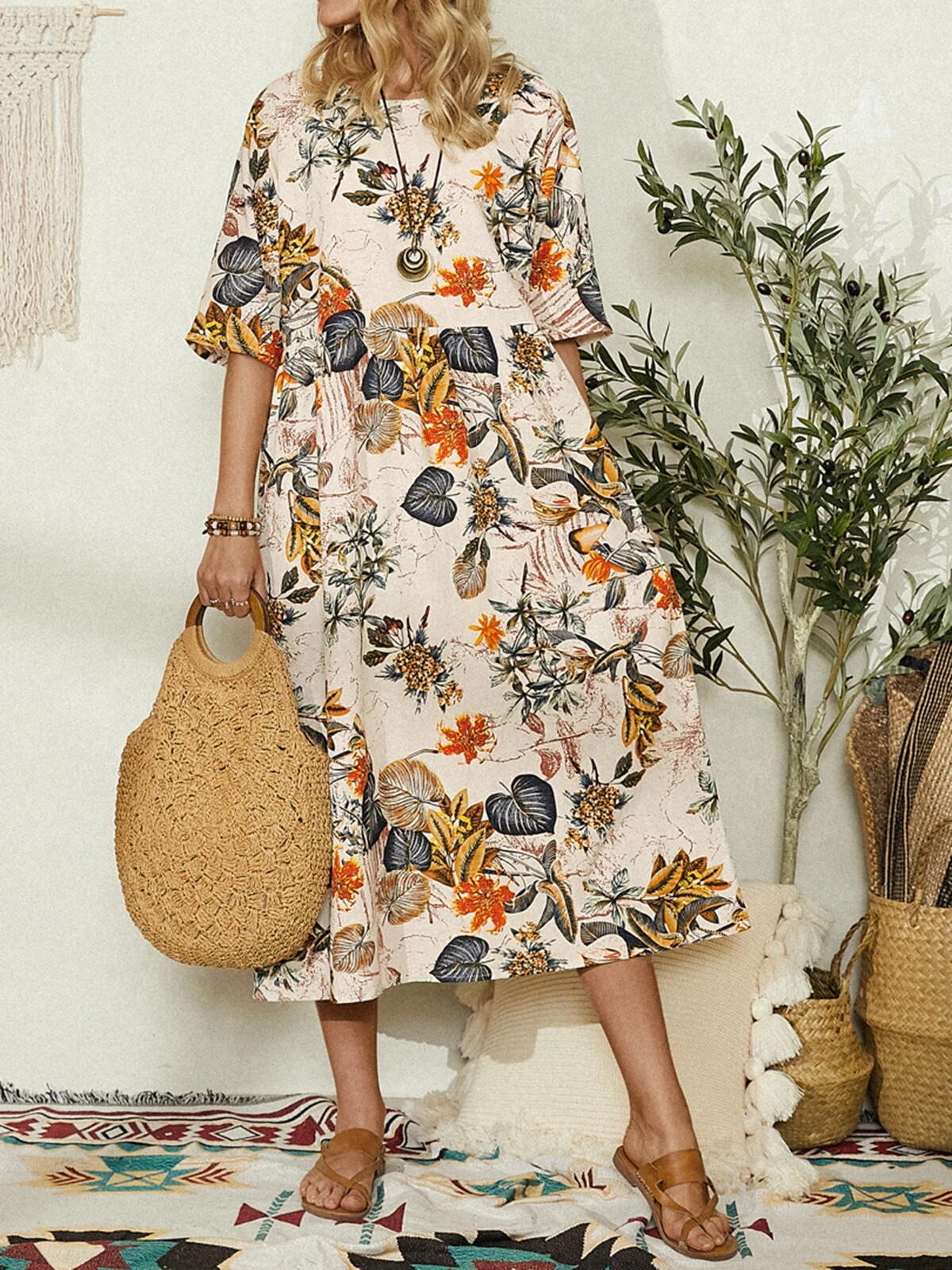 (image for)  Plus Size Women Beach Long Dress Retro Floral Printed Round Neck Three Quarter Sleeve Pleated Beach Maxi Dresses