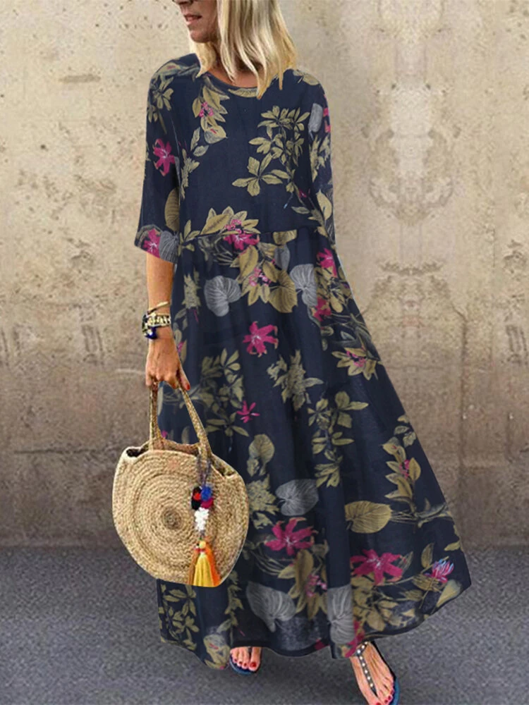 (image for)  Plus Size Women Beach Long Dress Retro Floral Printed Round Neck Three Quarter Sleeve Pleated Beach Maxi Dresses