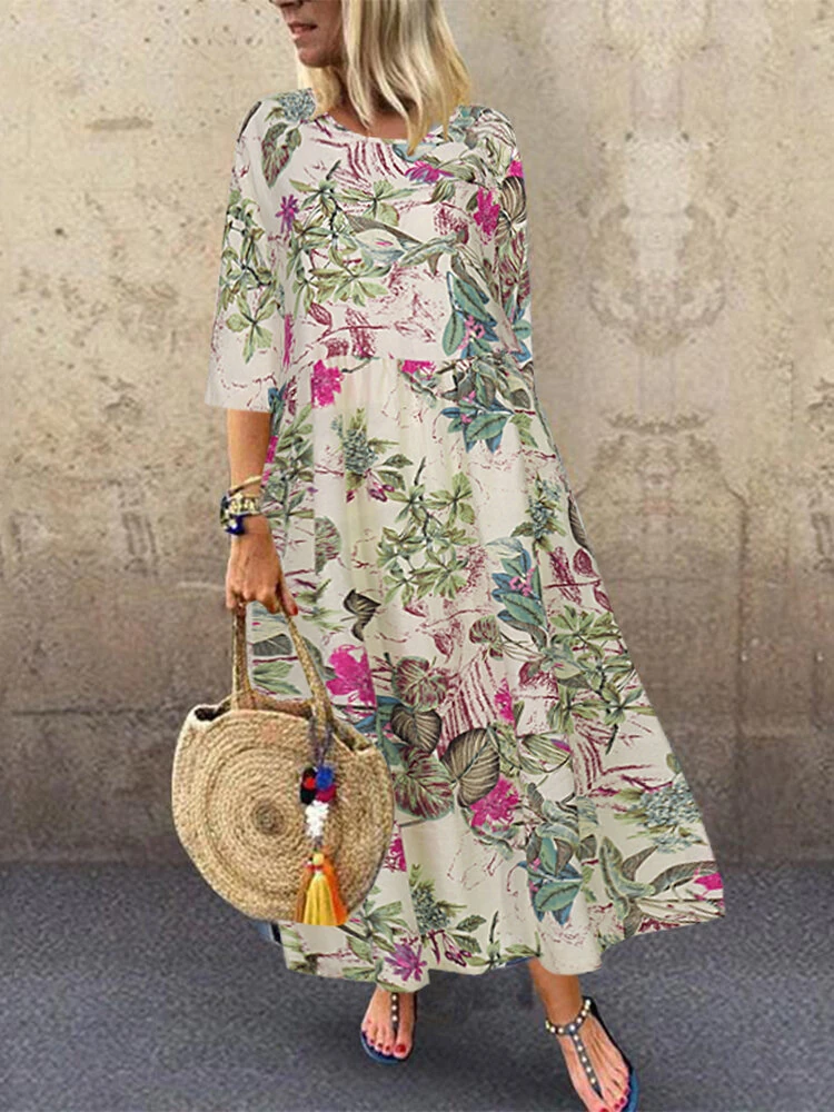 (image for)  Plus Size Women Beach Long Dress Retro Floral Printed Round Neck Three Quarter Sleeve Pleated Beach Maxi Dresses