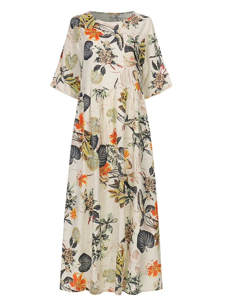 (image for)  Plus Size Women Beach Long Dress Retro Floral Printed Round Neck Three Quarter Sleeve Pleated Beach Maxi Dresses