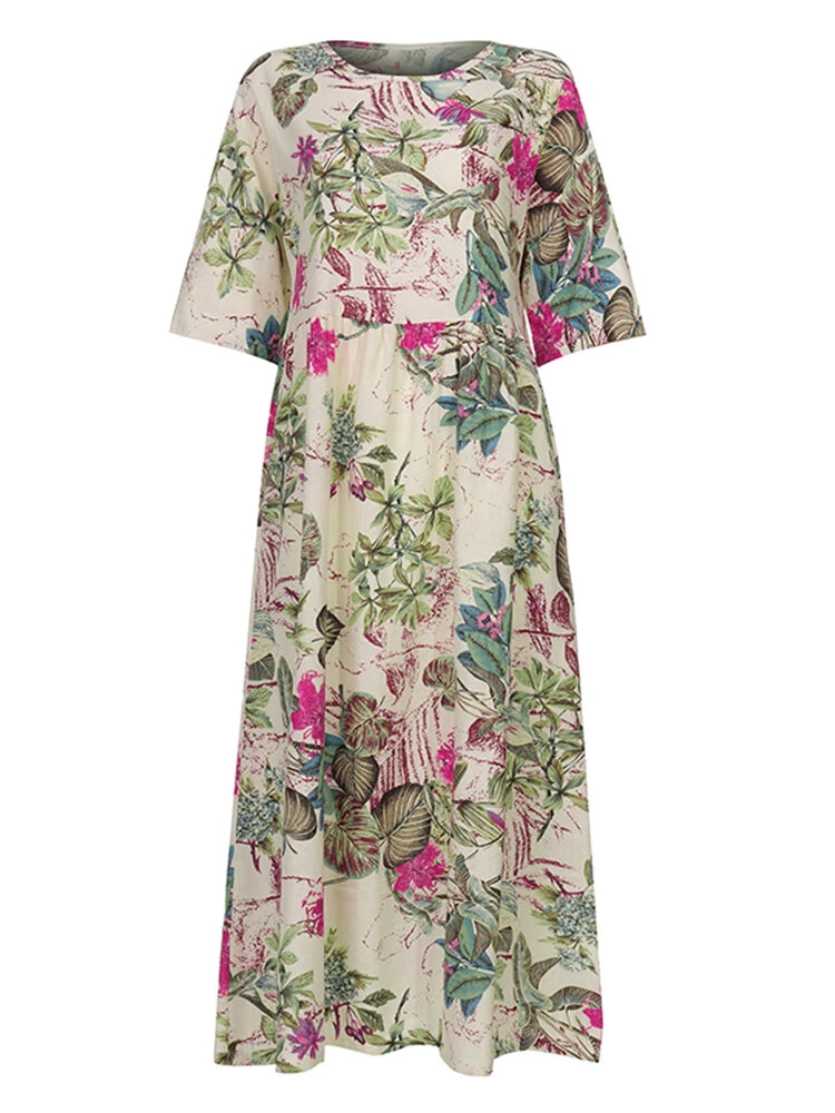 (image for)  Plus Size Women Beach Long Dress Retro Floral Printed Round Neck Three Quarter Sleeve Pleated Beach Maxi Dresses