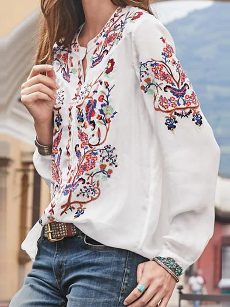 (image for)  Plus Size Women Blouse Ethnic Style Print Round Neck Long Sleeve Bohemia Button Shirt For Women