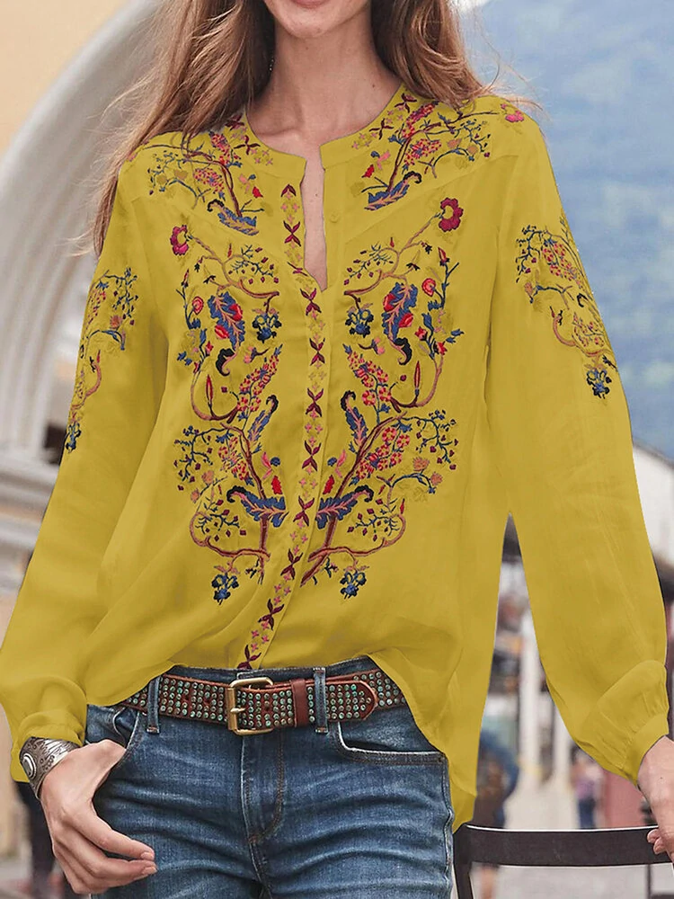 (image for)  Plus Size Women Blouse Ethnic Style Print Round Neck Long Sleeve Bohemia Button Shirt For Women