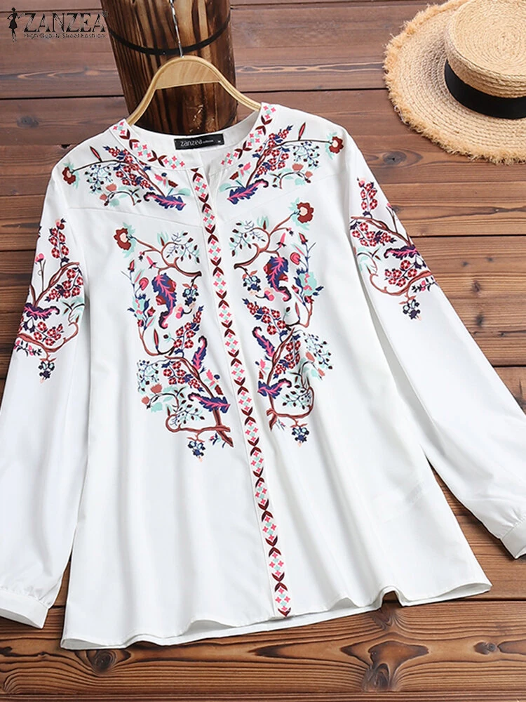 (image for)  Plus Size Women Blouse Ethnic Style Print Round Neck Long Sleeve Bohemia Button Shirt For Women