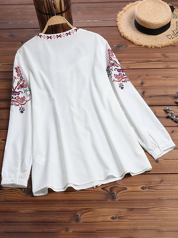 (image for)  Plus Size Women Blouse Ethnic Style Print Round Neck Long Sleeve Bohemia Button Shirt For Women