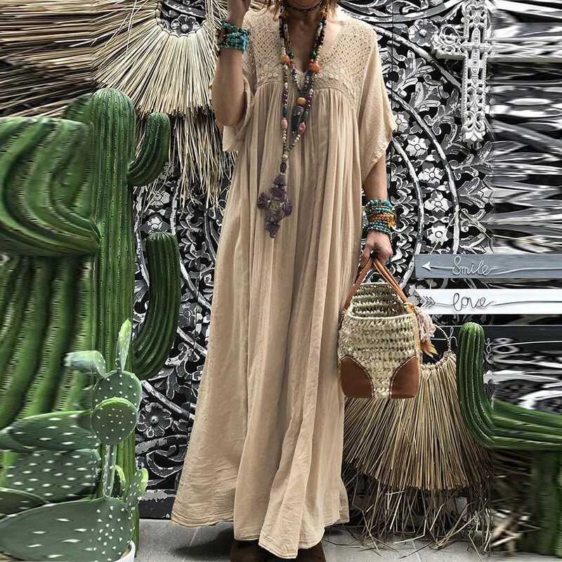 (image for)  Plus Size Women Bohemian Long Dress Short Sleeve Hollow Out Robe Kaftan Solid Beach Maxi Dress