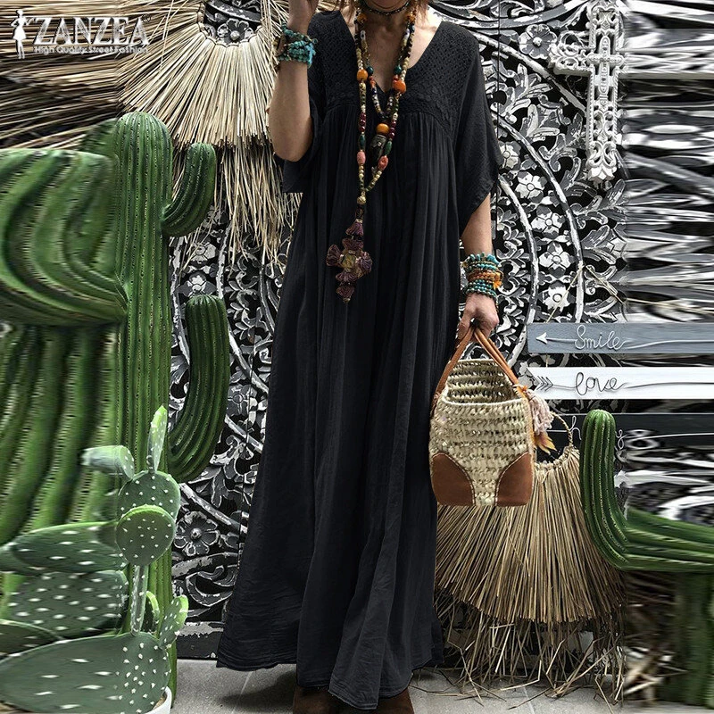(image for)  Plus Size Women Bohemian Long Dress Short Sleeve Hollow Out Robe Kaftan Solid Beach Maxi Dress