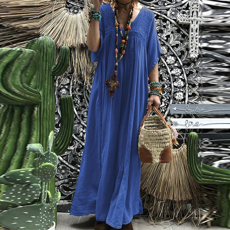 (image for)  Plus Size Women Bohemian Long Dress Short Sleeve Hollow Out Robe Kaftan Solid Beach Maxi Dress