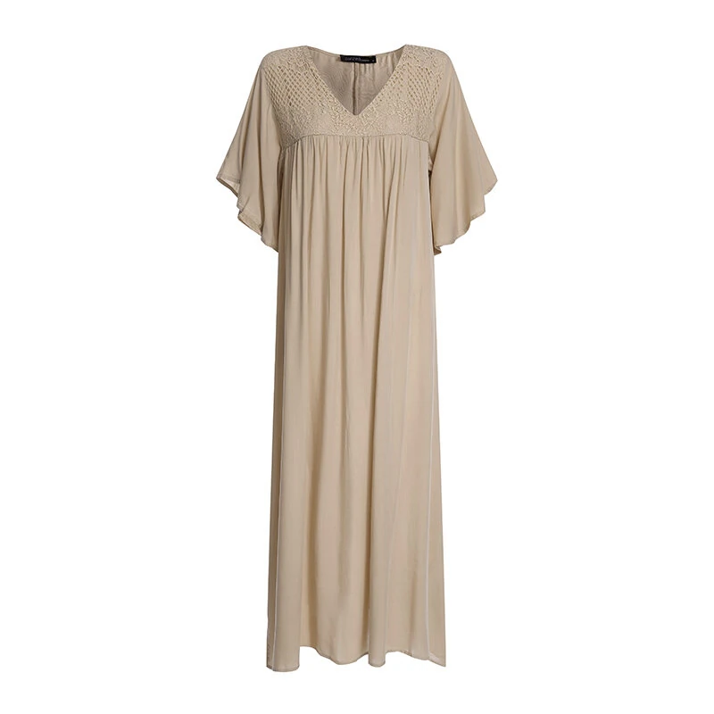 (image for)  Plus Size Women Bohemian Long Dress Short Sleeve Hollow Out Robe Kaftan Solid Beach Maxi Dress