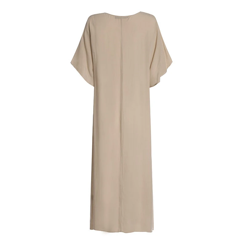 (image for)  Plus Size Women Bohemian Long Dress Short Sleeve Hollow Out Robe Kaftan Solid Beach Maxi Dress