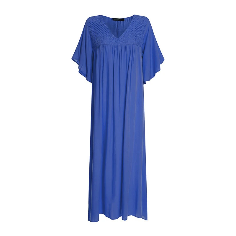 (image for)  Plus Size Women Bohemian Long Dress Short Sleeve Hollow Out Robe Kaftan Solid Beach Maxi Dress