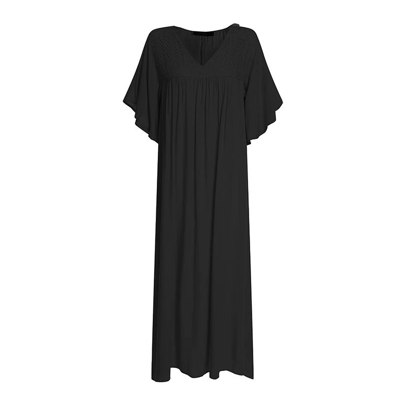 (image for)  Plus Size Women Bohemian Long Dress Short Sleeve Hollow Out Robe Kaftan Solid Beach Maxi Dress