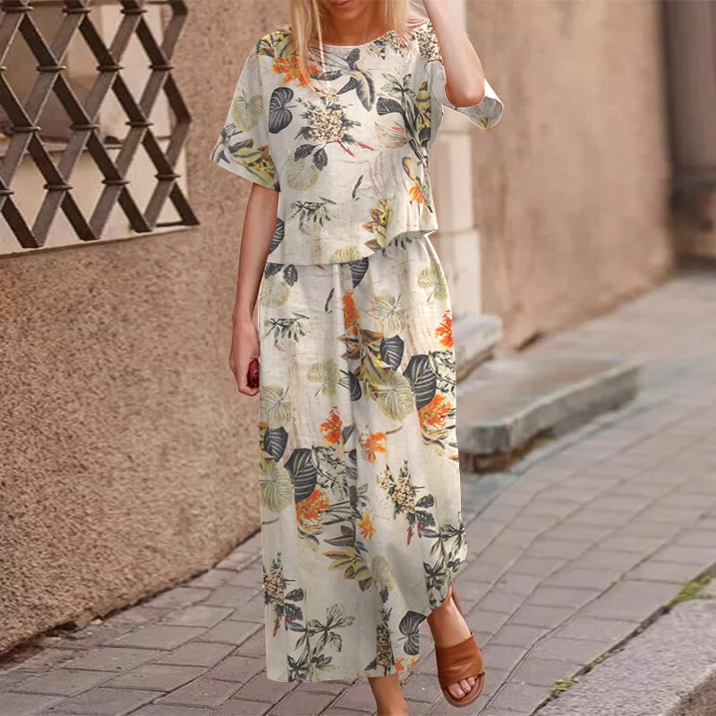 (image for)  Plus Size Women Casual Floral Print Cotton Pantsuits, Vintage Printed Short Sleeve T-shirt & Wide Leg Pants Outfits, Women's Clothing Two-Piece Set S-5XL