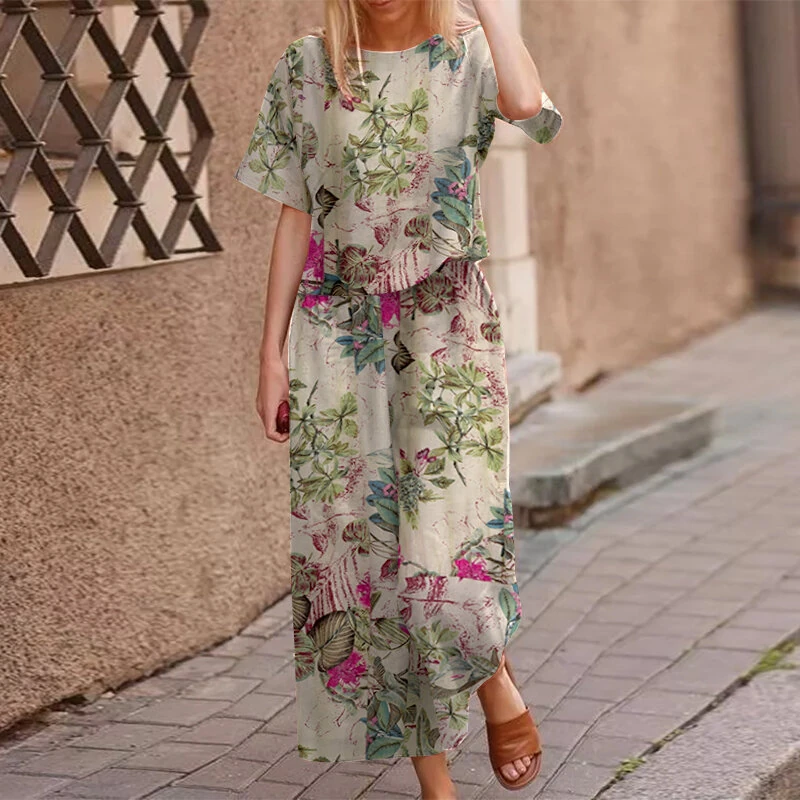 (image for)  Plus Size Women Casual Floral Print Cotton Pantsuits, Vintage Printed Short Sleeve T-shirt & Wide Leg Pants Outfits, Women's Clothing Two-Piece Set S-5XL