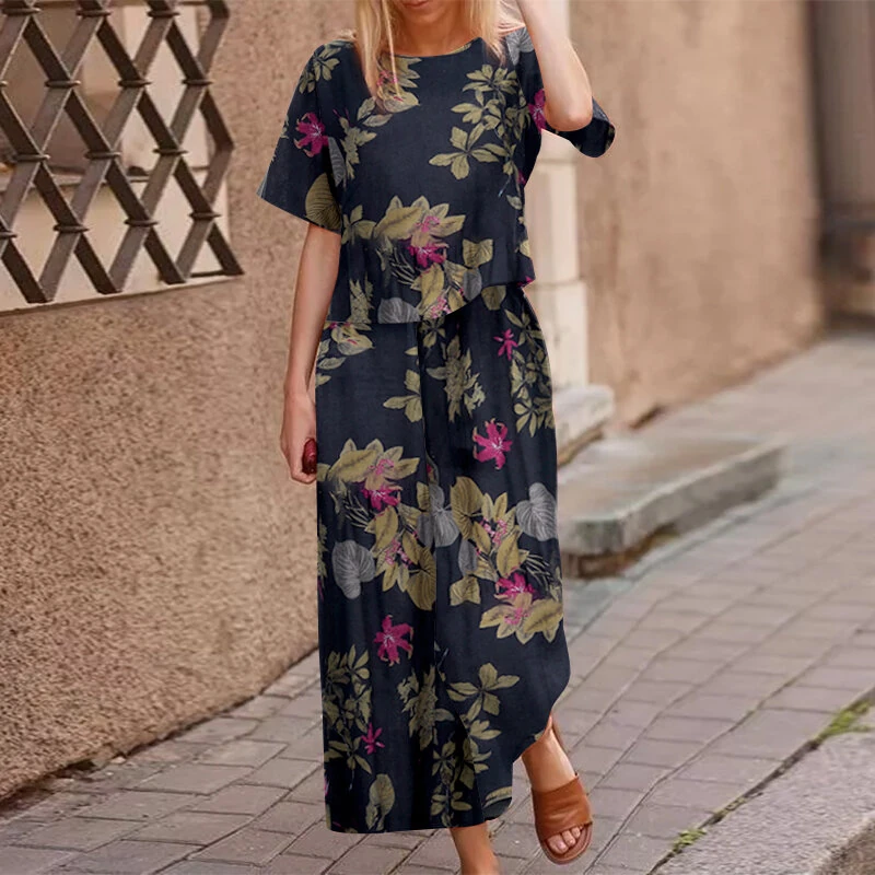 (image for)  Plus Size Women Casual Floral Print Cotton Pantsuits, Vintage Printed Short Sleeve T-shirt & Wide Leg Pants Outfits, Women's Clothing Two-Piece Set S-5XL