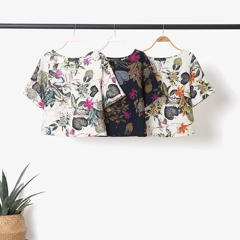 (image for)  Plus Size Women Casual Floral Print Cotton Pantsuits, Vintage Printed Short Sleeve T-shirt & Wide Leg Pants Outfits, Women's Clothing Two-Piece Set S-5XL