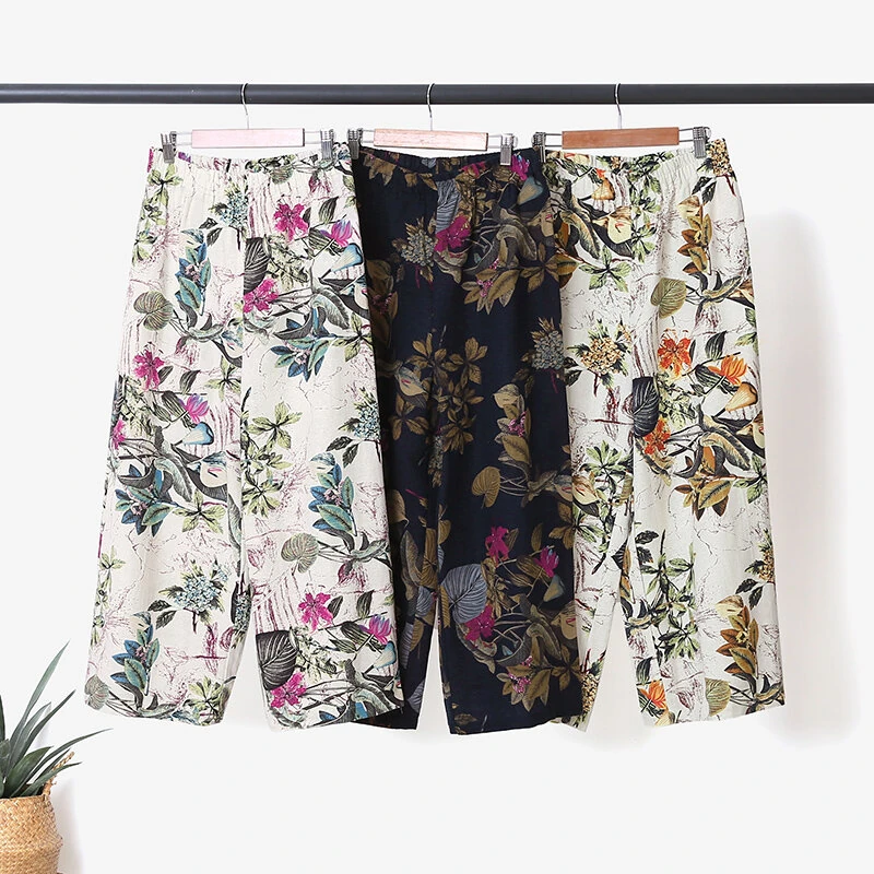 (image for)  Plus Size Women Casual Floral Print Cotton Pantsuits, Vintage Printed Short Sleeve T-shirt & Wide Leg Pants Outfits, Women's Clothing Two-Piece Set S-5XL