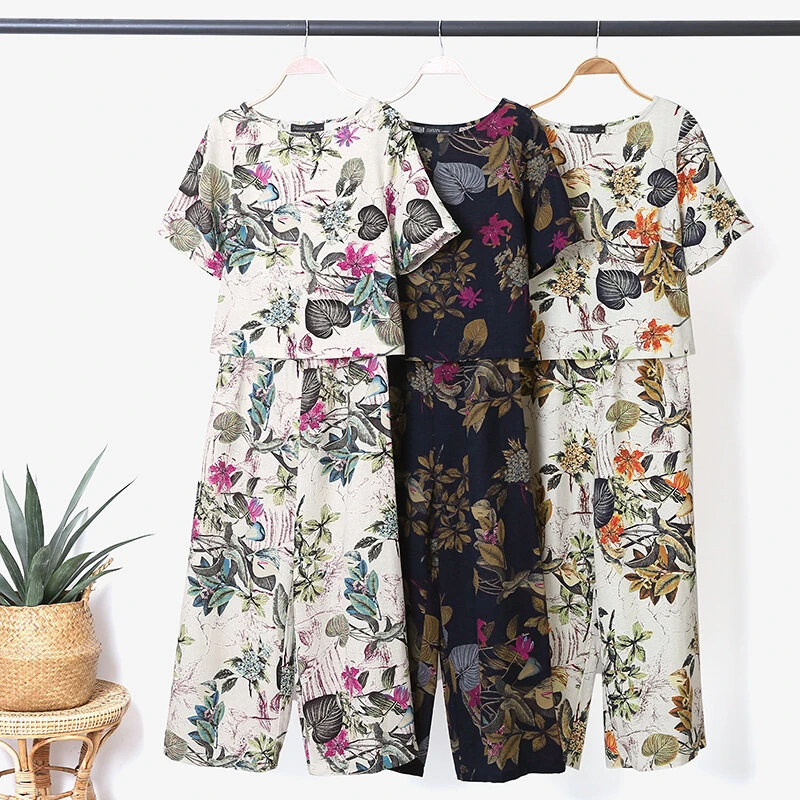 (image for)  Plus Size Women Casual Floral Print Cotton Pantsuits, Vintage Printed Short Sleeve T-shirt & Wide Leg Pants Outfits, Women's Clothing Two-Piece Set S-5XL