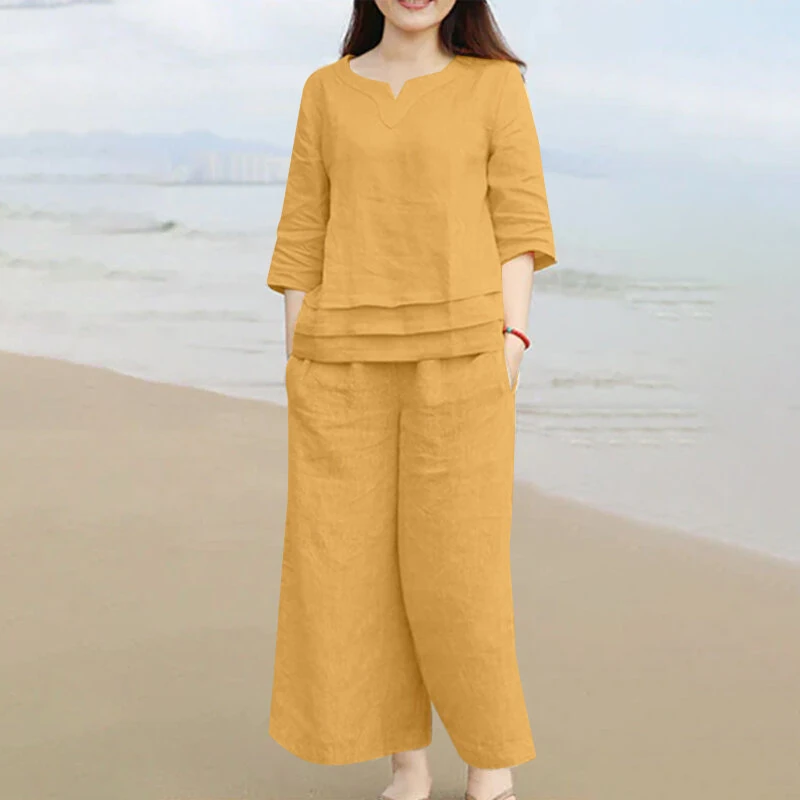 (image for)  Plus Size Women Casual Solid Two-Piece Set, Notched Neck 3/4 Sleeve Layered Hem Top & Wide Leg Pants, Women's Plus Size Clothing