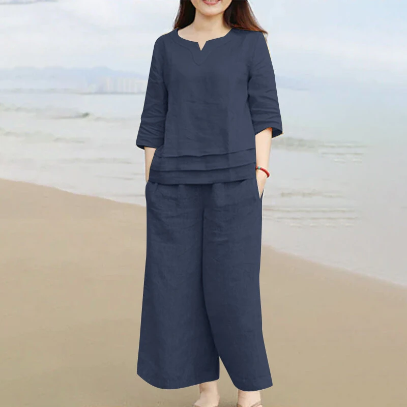 (image for)  Plus Size Women Casual Solid Two-Piece Set, Notched Neck 3/4 Sleeve Layered Hem Top & Wide Leg Pants, Women's Plus Size Clothing