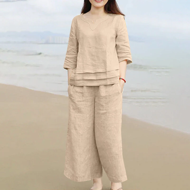 (image for)  Plus Size Women Casual Solid Two-Piece Set, Notched Neck 3/4 Sleeve Layered Hem Top & Wide Leg Pants, Women's Plus Size Clothing