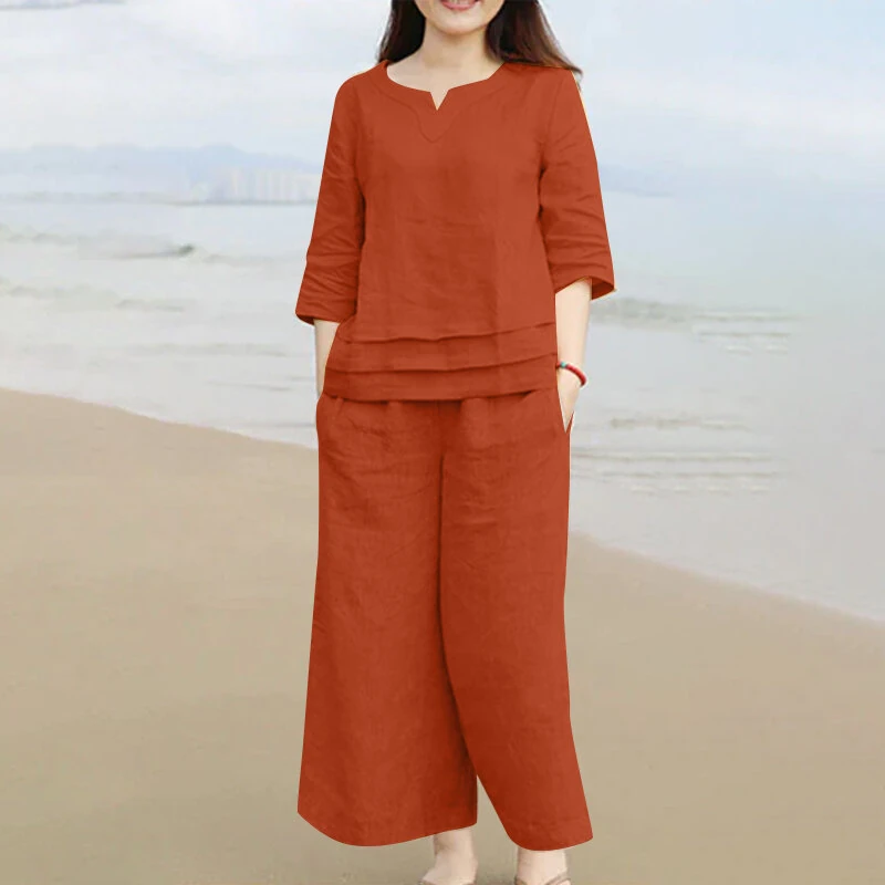 (image for)  Plus Size Women Casual Solid Two-Piece Set, Notched Neck 3/4 Sleeve Layered Hem Top & Wide Leg Pants, Women's Plus Size Clothing