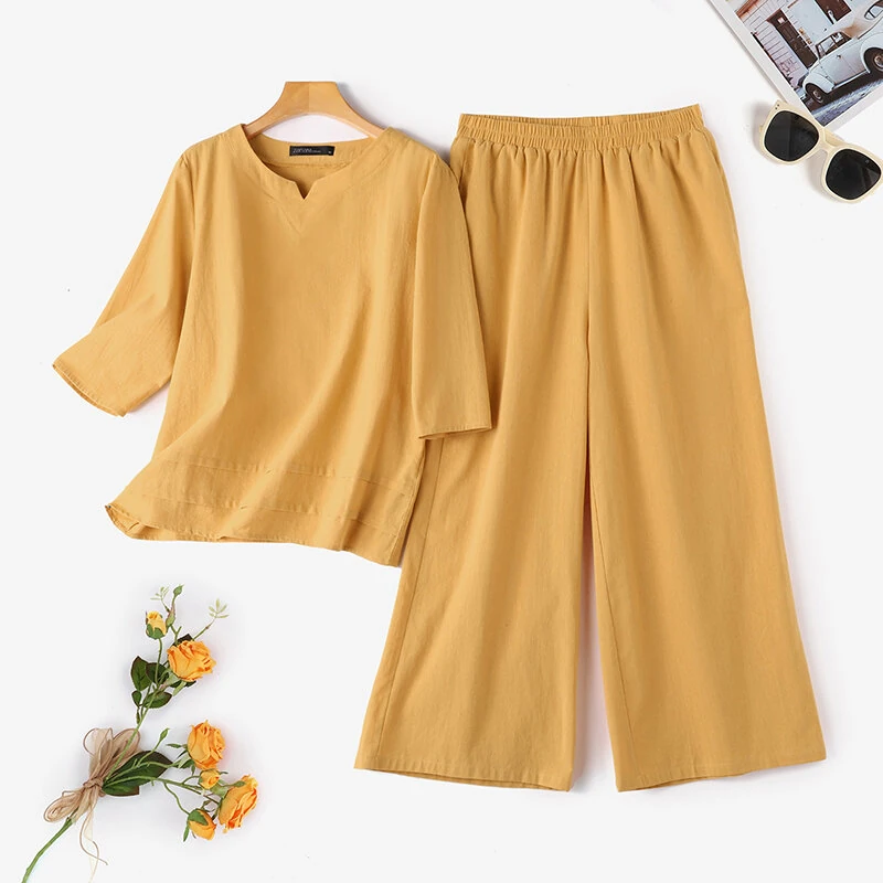 (image for)  Plus Size Women Casual Solid Two-Piece Set, Notched Neck 3/4 Sleeve Layered Hem Top & Wide Leg Pants, Women's Plus Size Clothing