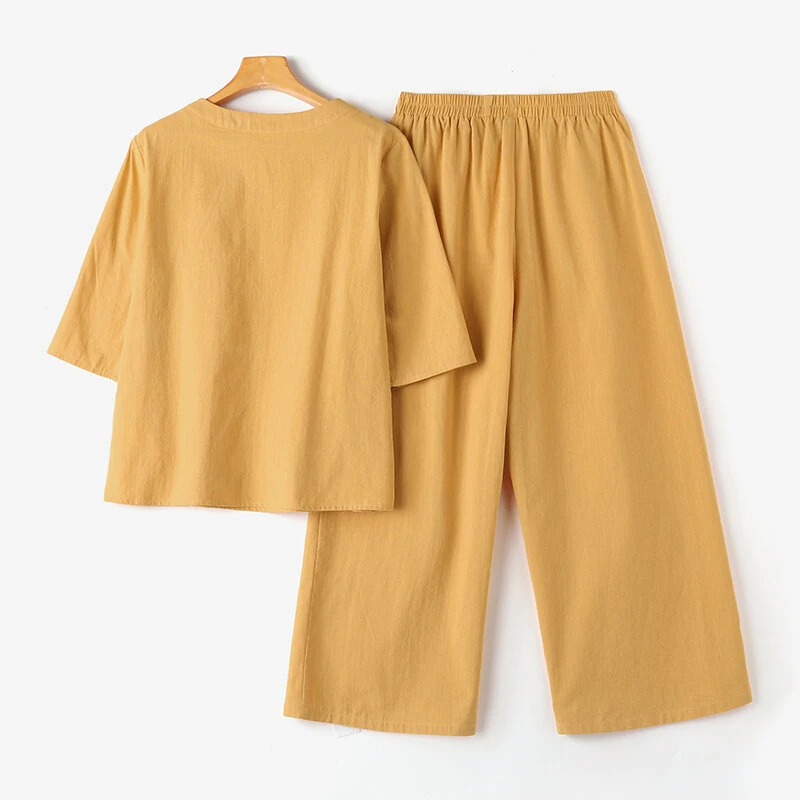 (image for)  Plus Size Women Casual Solid Two-Piece Set, Notched Neck 3/4 Sleeve Layered Hem Top & Wide Leg Pants, Women's Plus Size Clothing