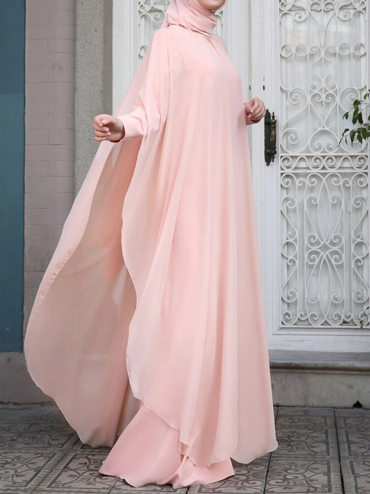 (image for)  Plus Size Women Chiffon Kaftan Tunic Two-Piece Detachable Outside Bat Long Sleeve Maxi Dress