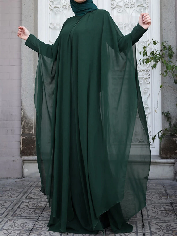 (image for)  Plus Size Women Chiffon Kaftan Tunic Two-Piece Detachable Outside Bat Long Sleeve Maxi Dress