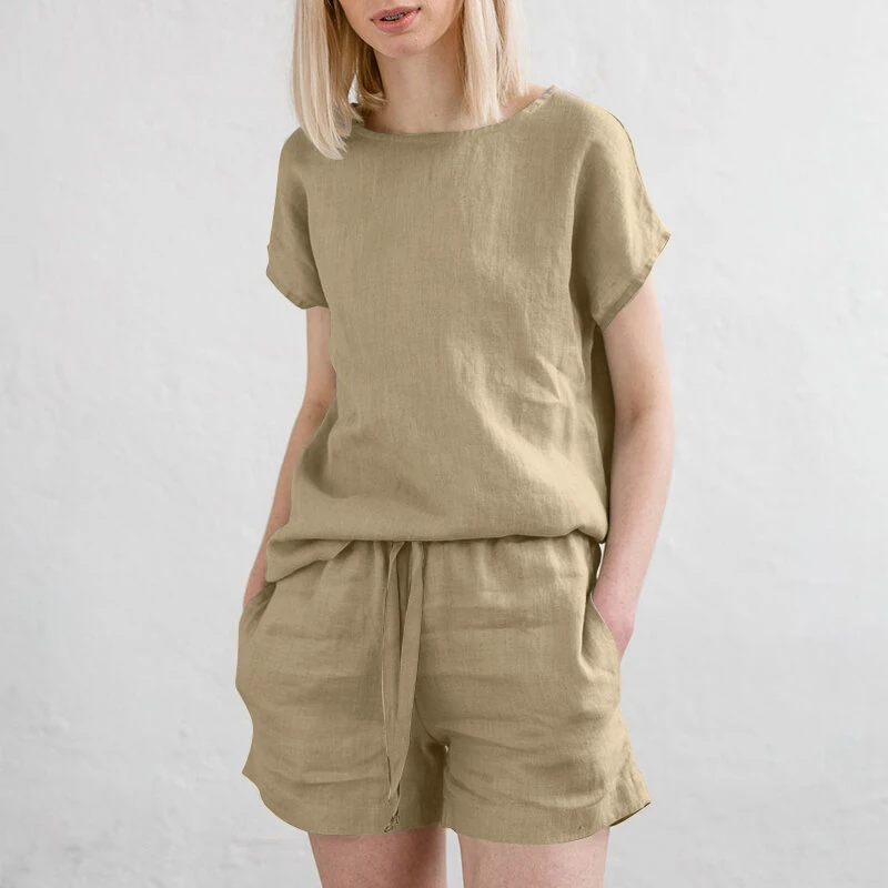 (image for)  Plus Size Women Cotton Linen Two Set Solid Elastic Waist Pocket Short Sleeve Blouses and Short Casual Summer Two-Piece Set