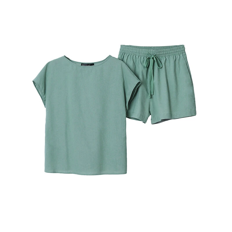 (image for)  Plus Size Women Cotton Linen Two Set Solid Elastic Waist Pocket Short Sleeve Blouses and Short Casual Summer Two-Piece Set