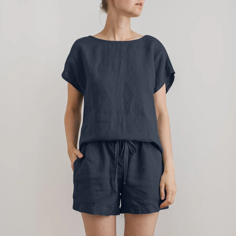 (image for)  Plus Size Women Cotton Linen Two Set Solid Elastic Waist Pocket Short Sleeve Blouses and Short Casual Summer Two-Piece Set