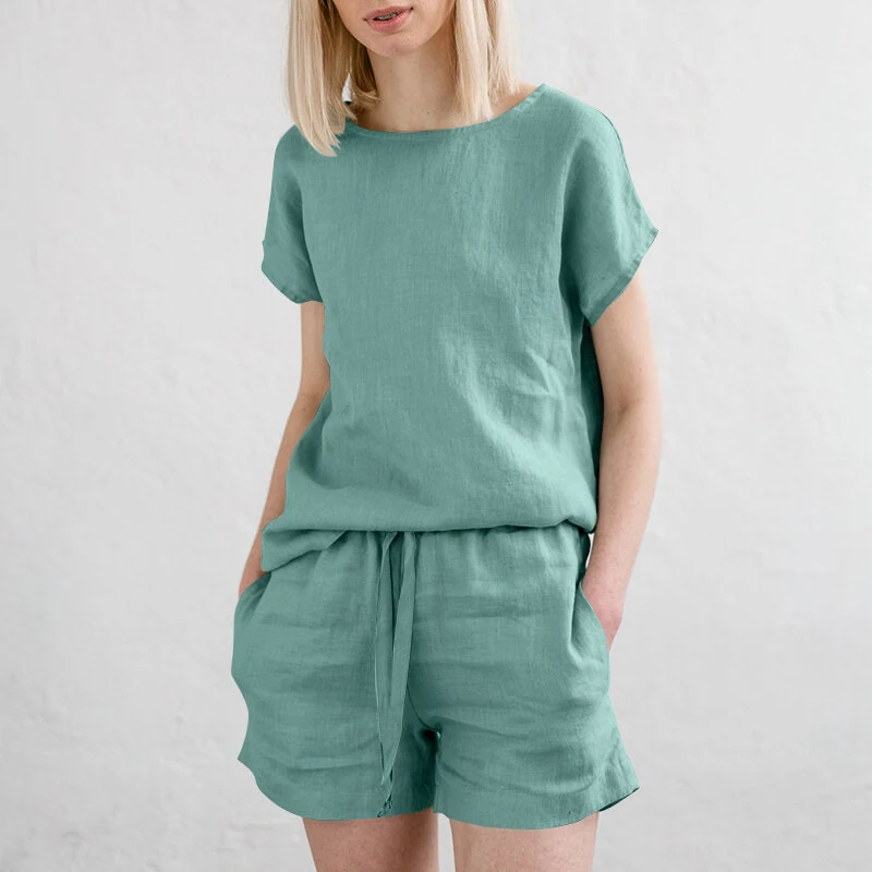 (image for)  Plus Size Women Cotton Linen Two Set Solid Elastic Waist Pocket Short Sleeve Blouses and Short Casual Summer Two-Piece Set