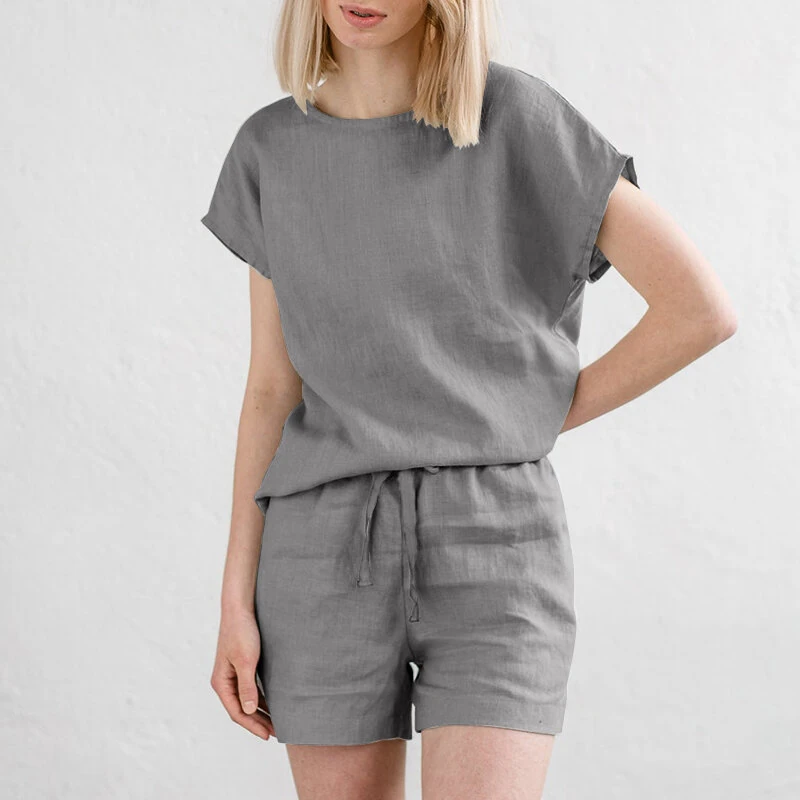 (image for)  Plus Size Women Cotton Linen Two Set Solid Elastic Waist Pocket Short Sleeve Blouses and Short Casual Summer Two-Piece Set