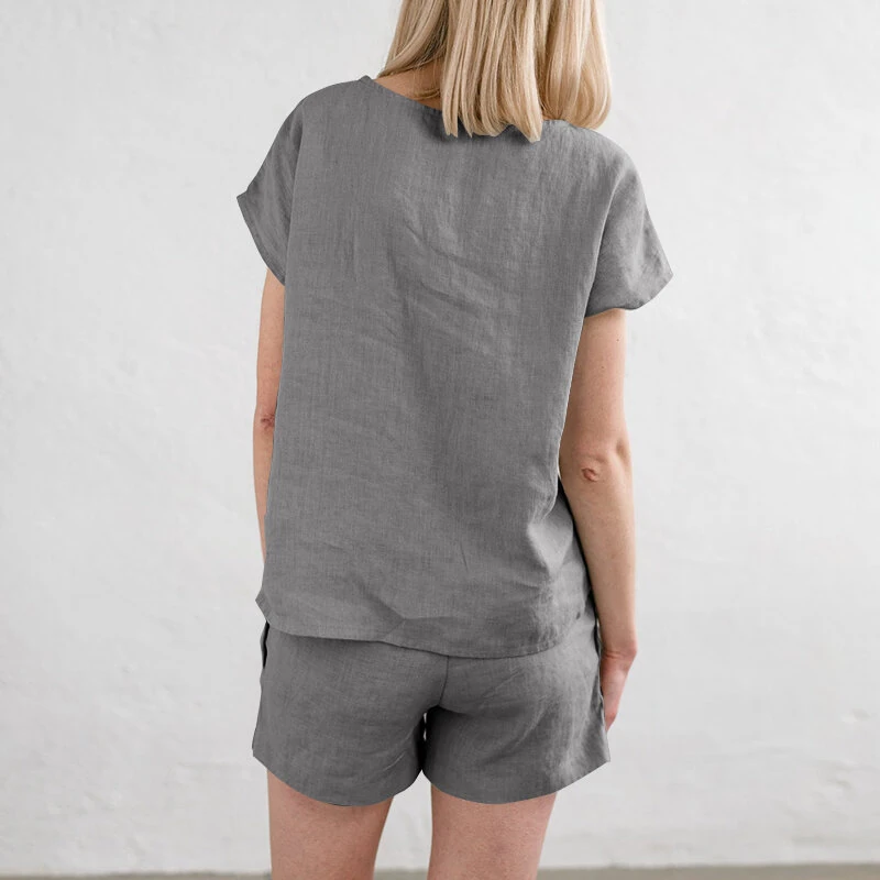 (image for)  Plus Size Women Cotton Linen Two Set Solid Elastic Waist Pocket Short Sleeve Blouses and Short Casual Summer Two-Piece Set